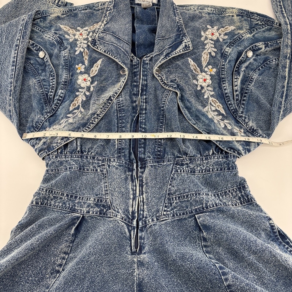 Vtg 80s ULTRA Acid Wash Denim Faux 2-Piece Dress XL Western Rhinestones Pockets - Picture 6 of 8